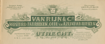 716162 Briefhoofd van een brief van Van Rijn & Co., Mosterd Fabrieken, Olie- en Azijnfabrieken, Nieuwe Kade 11-12-13 in ...